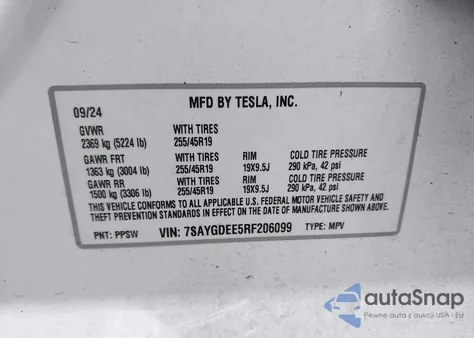 2024 Tesla Model Y Long Range Dual Motor All-Wheel Drive z USA, uszkodzony, nr VIN 7SAYGDEE5RF206099